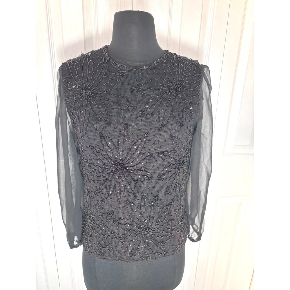 Barbara Elaine Passport‎ Collection 100% Wool Beaded Sheer Sleeve Top Blouse